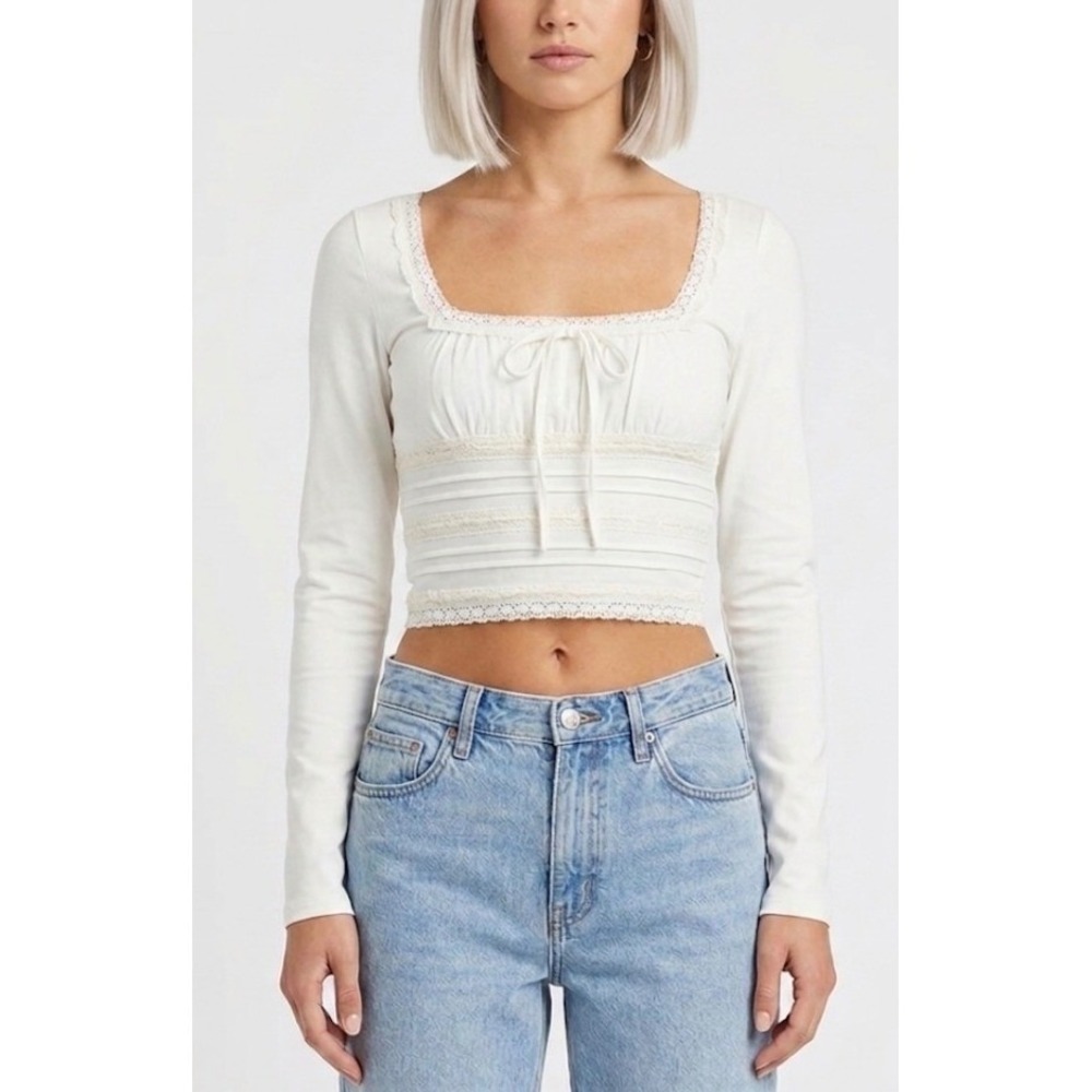 Free People Ivory Lace Trim Long Sleeve Crop Top Milkmaid Square Neck Size M NEW